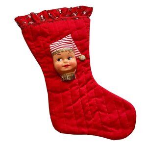 Christmas Stocking with Dolly Face Holiday Decor Xmas Vintage Handmade